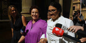 Kathleen Folbigg,centre,and her lawyer Rhanee Rego,right,outside the NSW Supreme Court in Sydney on Thursday.