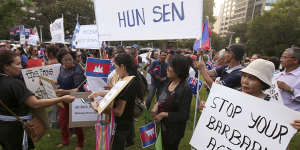 Cambodian-Australians protest against Hun Sen’s regime in Sydney’s Hyde Park during his 2018 visit.