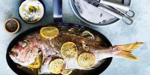 Baked snapper with dill cream and burnt onions.