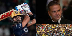 A composite image of Indian superstar Virat Kohli in action and IPL investor Lachlan Murdoch.
