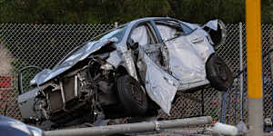 The carnage saw one car end up crumpled on the footpath.