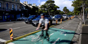 The pop-up cycleway on Moore Park Road in Paddington.