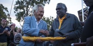 Yunupingu with former prime minister Bob Hawke in 2014. As chair of the Northern Land Council,Yunupingu handed the Barunga Statement to Hawke in 1988.