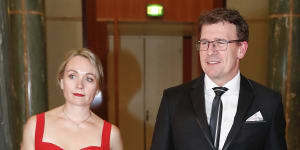 I don’t want to be defined as ‘the lady in the red dress’:Rachelle Miller and Alan Tudge arrive for the Midwinter Ball at Parliament House in 2017.