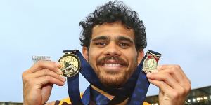 Cyril Rioli with his premiership and Norm Smith medals in 2015.