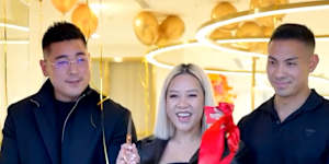 Thi Vu (left) and Ibnu Pratama cut the ribbon at Beauty Pavilion’s grand opening party.