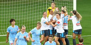 Sydney FC celebrate going 2-0 up after a Natalie Tobin goal against Melbourne City at AAMI Park on Thursday night.