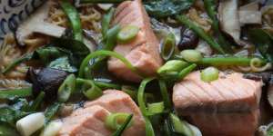 Salmon miso noodle soup makes a quick and healthy lunch or dinner.