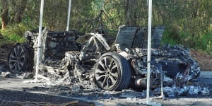 A car destroyed by fire at Westmeadows on Sunday morning.