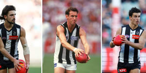 Josh Daicos (left) and Nick (right) have followed in the footsteps of their famous father,Peter (middle),at Collingwood. 