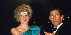 Charles and Diana,wearing Queen Mary's necklace as a headpiece,at a ball in Melbourne in October 1985.