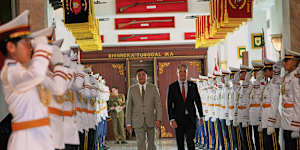 Australia’s Defence Minister Richard Marles with Indonesia’s Defence Minister Sjafrie Sjamsoeddin after their meeting in Jakarta.