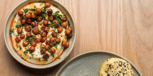 Fava bean hummus,crisp chickpeas and flatbread at Prince Dining Room in St Kilda.