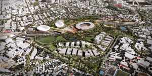 Brisbane Bold would include (left to right) a new Brisbane Arena,an aquatic centre,and an Olympic stadium,which would be used for concerts,AFL and cricket post-Games. This version also includes an athletes’ village,which will now be built at Hamilton.