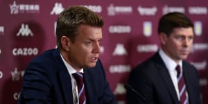 Aston Villa sporting director Johan Lange with manager Steven Gerrard.