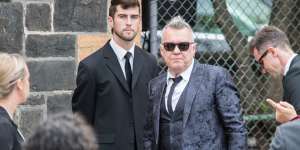 Jimmy Barnes outside Ormond Hall for Michael Gudinski’s funeral service on Wednesday. 