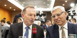 Former prime minister Tony Abbott (left) with No campaigner Nyunggai Warren Mundine.