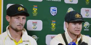 Cameron Bancroft and Steve Smith face the media in Cape Town 2018.