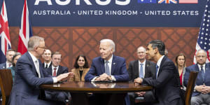 Prime Minister Anthony Albanese,US President Joe Biden and UK Prime Minister Rishi Sunak in San Diego.