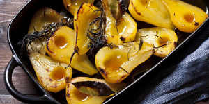 Roasted pears with saffron,rosemary and bay.