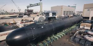 A Virginia-class nuclear submarine under construction at Newport,Virginia.