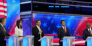 Republican presidential candidates from left,Chris Christie,Nikki Haley,Ron DeSantis,Vivek Ramaswamy and Tim Scott,participated in the debate.