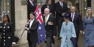 From left:Matildas captain Sam Kerr,Governor-General David Hurley with wife Linda,Prime Minister Anthony Albanese with partner Jodie Haydon on the way to the coronation.