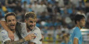 Adam Taggart celebrates with debutant Terry Antonis after the latter set up a goal for the former against Daegu last year.