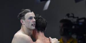 Kyle Chalmers with Cameron McEvoy after winning gold in the men's 100-metre freestyle final . 