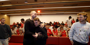Lance Franklin with teammate Tom Papley.