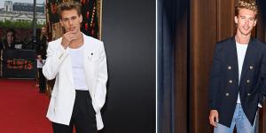 Austin Butler in Alexander McQueen at the ‘Elvis’ premiere on May 31 in London and wearing a Tom Ford blazer with jeans at Graceland in June,