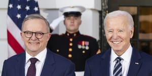 Prime Minister Anthony Albanese poses for a photo with President of the United States Joe Biden before a private White House dinner. 