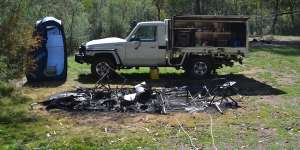 A photo of the burnt Wonnangatta campsite shown to the jury.