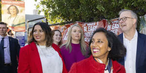 Incoming Higgins MP Michelle Ananda-Rajah campaigning with Anthony Albanese during the election. 