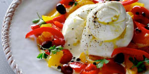Cheese-lovers delight:Italian burrata with peppers,olive oil and capers.
