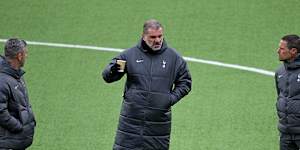 Ange Postecoglou (centre) with the ex-Mariners’ coaching double act Nick Montgomery (left) and Sergio Raimundo (right).