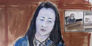 In this courtroom sketch drawn from a video feed,Meng Wanzhou,chief financial officer of Huawei Technologies,appears via video before Judge Ann Donnelly,inset on right,for her court proceeding in Brooklyn Federal Court. 