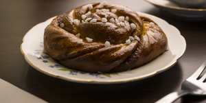 A cinnamon-and-cardamom bun with pearl sugar.