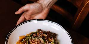 Wild venison ragu on pappardelle with pecorino and salsa verde.