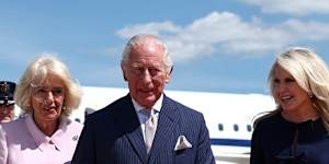 King Charles and Queen Camilla are greeted by US protocol chief Monica Crowley (right) as they arrive at Joint Base Andrews,Maryland. 