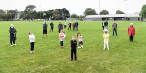 Local residents at Hosken reserve football oval in 2020 when there were plans to rip up the grass oval and replace it with synthetic grass for a soccer pitch. 