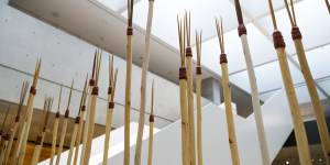 Contemporary spears on display at the Chau Chak Wing Museum,symbolising the 37 other spears taken by the crew of the Endeavour.
