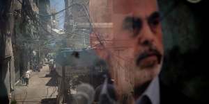 A poster of Hamas leader Yahya Sinwar in a Palestinian camp in Beirut.