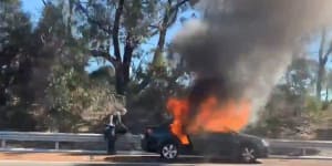 Traffic brought to standstill after car bursts into flames along Mitchell Freeway