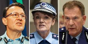 Australian Federal Police commissioner Reece Kershaw,NSW Police Commissioner Karen Webb and NSW Police deputy commissioner and counter-terror chief Dave Hudson.