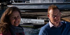 Councillor Kathy Brodie and swimmer David Livermore support a temporary netted swimming area in Lavender Bay.