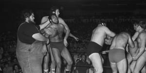 The Russian Roulette wrestling event at Sydney’s Capitol Theatre on December 5,1971. Haystack Calhoun at left.