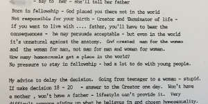 Notes from a meeting in which Exclusive Brethren leader Bruce D. Hales tells a young girl she should not live with her father because he is homosexual.