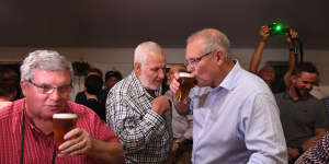 Shane Stone,left,has a beer with Prime Minister Scott Morrison in Cloncurry the week after the May 2019 election.