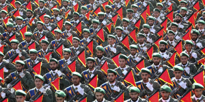 In this September 21,2016,file photo,Iran’s Revolutionary Guard troops march in a military parade in Tehran,Iran. 